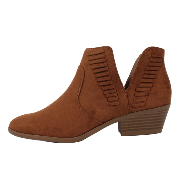 Shoes - Chestnut Faux Suede V Cut Low Stacked Heel